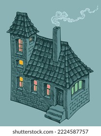 Old house in the evening. Editable hand drawn illustration. Vector vintage engraving. Isolated on color background. 8 eps