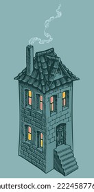 Old house in the evening. Editable hand drawn illustration. Vector vintage engraving. Isolated on color background. 8 eps