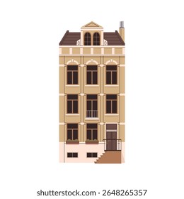 Old house facade in Europe. English British building exterior, historic townhouse, front view. Vintage European city architecture, urban style. Flat vector illustration isolated on white background
