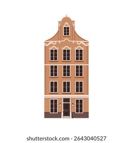 Fachada antiga na Europa. Exterior de edifício britânico europeu, vista frontal. Arquitetura histórica da cidade em estilo urbano inglês tradicional. Ilustração de vetor plano isolada no plano de fundo branco