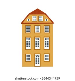 Old house facade in european style. Building exterior, front view, historical urban architecture. Hand drawn vector illustration isolated on white background. Modern flat cartoon style.