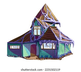 Old house in the forest. Tall fabulous house entwined with ivy. Cartoon style. Vector illustration. Isolated on white background.