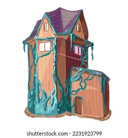 Old house in the forest. Tall fabulous house entwined with ivy. Cartoon style. Vector illustration. Isolated on white background.