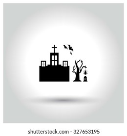 Old House in graveyard with bats. Halloween pictogram elements collection.  simple minimal, flat, solid, mono, monochrome, plain, contemporary style. Vector illustration web internet design elements
