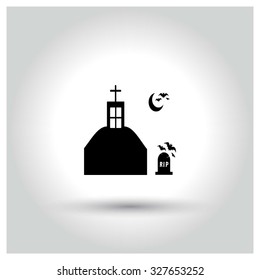 Old House in graveyard with bats. Halloween pictogram elements collection.  simple minimal, flat, solid, mono, monochrome, plain, contemporary style. Vector illustration web internet design elements