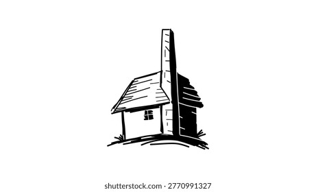 Old house with high chimney, black isolated silhouette