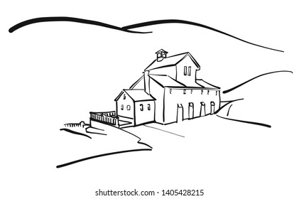 Old house in hills drawing. Hand drawn vector art for architecture and communication projects. 