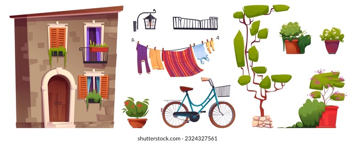 Old house for Italy street, tree and bicycle vector illustration set. Vintage italian village exterior icon collection. Mediterranean summer suburb apartment to travel. Country floral facade design