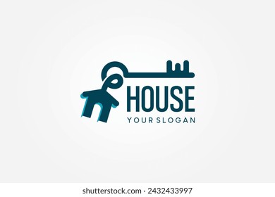 Old house key logo design with a house-shaped key chain with a creative idea concept