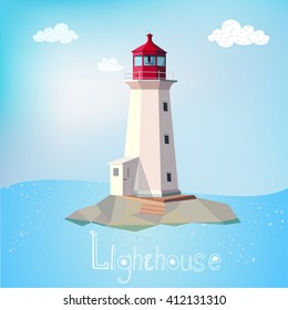The old house, a lighthouse with a lantern, clouds and sea with rocks. Vector illustration