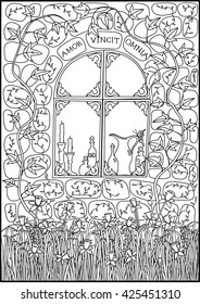 Old house made of stone with daffodils and ivy - anti-stress coloring page for adults, postcard