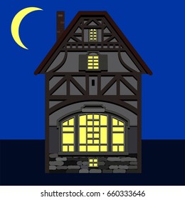 Old house at night with luminous windows, mansard roof and stone foundation. Vector illustration.