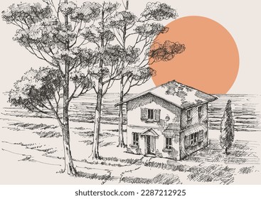 Old house on the beach among trees drawing