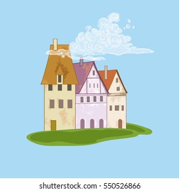 Old house on blue background