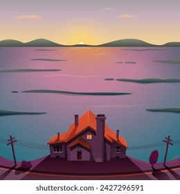 old. house on the edge of a huge lake at sunset, vector illustration