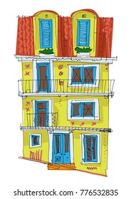An old house on a steep street. Cartoon. Facades.