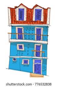 An old house on a steep street. Cartoon. Facades.