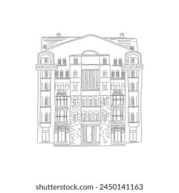 Casa antigua con pilar y balcón en calle europea, boceto arquitectónico de Ilustración vectorial