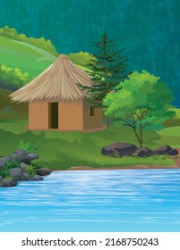 old House at river bank. forest house. dark forest Indian village alone house. 