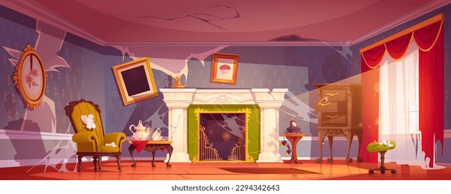 Old house room interior in victorian style. Antique living room with broken fireplace, dirty vintage furniture and mess. Empty abandoned living room, vector cartoon illustration