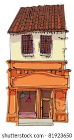 An old house with showcase at the ground floor.Cartoon. Caricature.