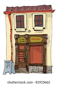 An old house with showcase at the ground floor.Cartoon. Caricature.Vintage grocery facade