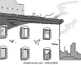The old house, slum landscape black and white vector sketch, simple drawing
