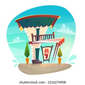 old house street shop or restaurant open around the clock. medieval cartoon style vector illustration in bubble. tile roof , balcony, canopy tent and doors with potted plants. isolated on white