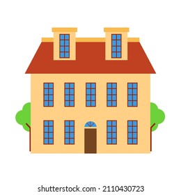 Old house style with dormers and wide window. European house. Old castle clip art. Royal palace. A house with yellow paint.