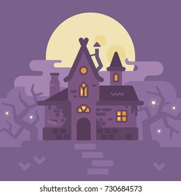 Old house in the swamp. Halloween witch hut flat illustration. Trick or treat. Dark fantasy background
