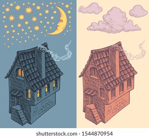 Old house with a tiled roof and a smoking chimney under the stars. Design set. Hand drawn engraving. Editable vector vintage illustration. Isolated on light and dark background. 8 EPS  1