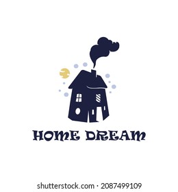 Old house with a tiled roof and a smoking chimney under the stars. Design set. Hand drawn engraving. Editable vector vintage illustration.