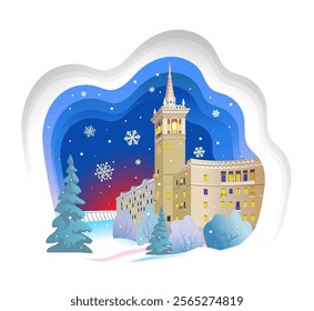 Old house with a tower. Winter city landscape. Vector art illustration