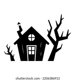 Old house and trees icon. Black silhouette. Front view. Vector simple flat graphic illustration. Isolated object on a white background. Isolate.