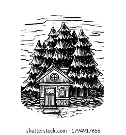 old house and trees in the night scape illustration