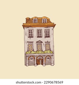 Vieja casa. Vector aislado en fondo rosado. Hermoso edificio.