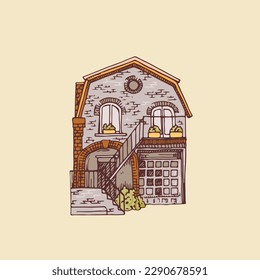 Old house. Vector isolated on pink background. Beautiful building.