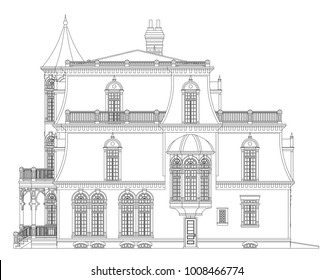 Old house in Victorian style. Illustration on white background. Black and white illustration in contour lines. Species from different sides.