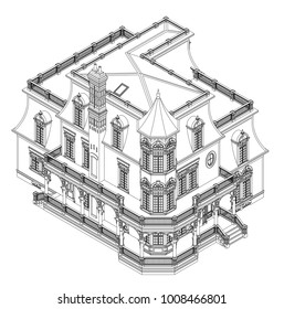 Old house in Victorian style. Illustration on white background. Black and white illustration in contour lines. Species from different sides.