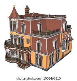 Old house in Victorian style. Illustration on white background. Species from different sides.