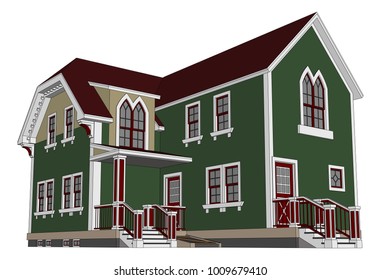 Old house in Victorian style. Illustration on white background. Species from different sides.