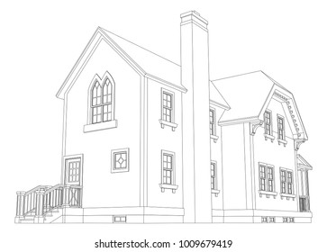 Old house in Victorian style. Illustration on white background. Black and white illustration in contour lines. Species from different sides.