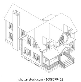 Old house in Victorian style. Illustration on white background. Black and white illustration in contour lines. Species from different sides.