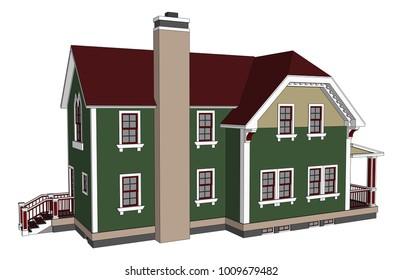 Old house in Victorian style. Illustration on white background. Species from different sides.