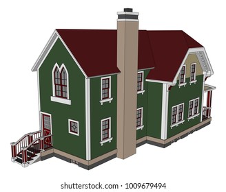 Old house in Victorian style. Illustration on white background. Species from different sides.