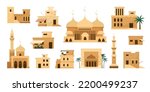 Old house village. Desert heritage buildings. Ancient Arabia. Stone homes. Traditional Arabic architecture. Mosques and residential mansions. Vector Arabic city landscape elements set