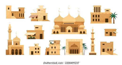 Old house village. Desert heritage buildings. Ancient Arabia. Stone homes. Traditional Arabic architecture. Mosques and residential mansions. Vector Arabic city landscape elements set