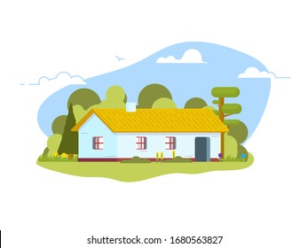 Old house in village. White clay house with straw roof and small windows on nature background in the countryside. Traditional ukrainian home, surrounded by vegetation and forest. Blue sky background.