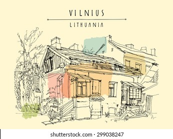 Old house in Vilnius, Lithuania, Europe. Vector illustration. Isolated freehand drawing. Travel sketch. Greeting card poster template. Postcard design with hand lettered title and space for text