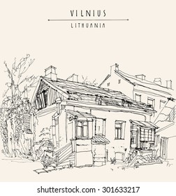 Old house in Vilnius, Lithuania, Europe. Vector illustration. Isolated freehand drawing. Travel sketch. Greeting card poster template. Postcard design with hand lettered title and space for text